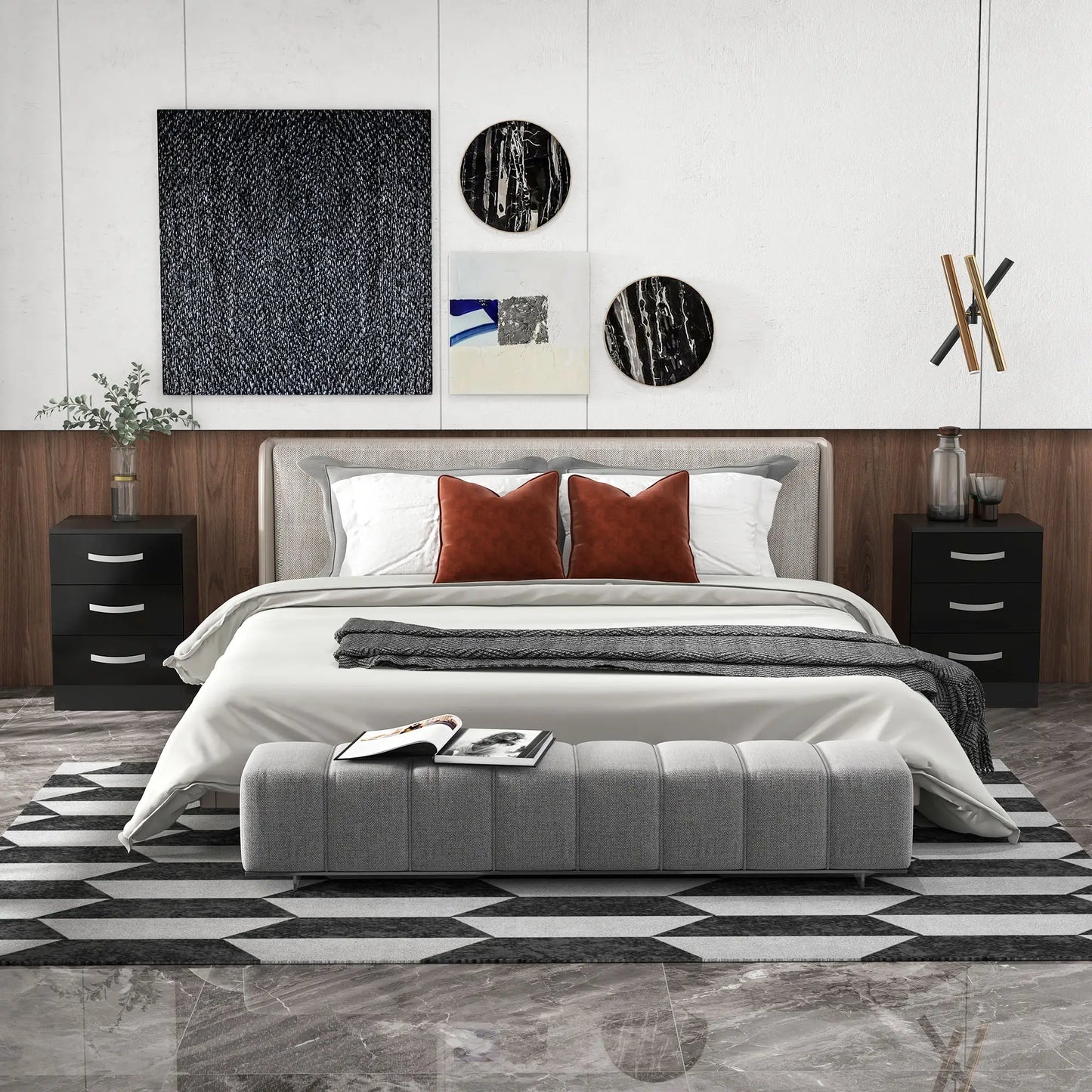 Modern Nightstand Set of 2, Drawers, High Gloss Fronts, Black Bedside Tables at Gallery Canada