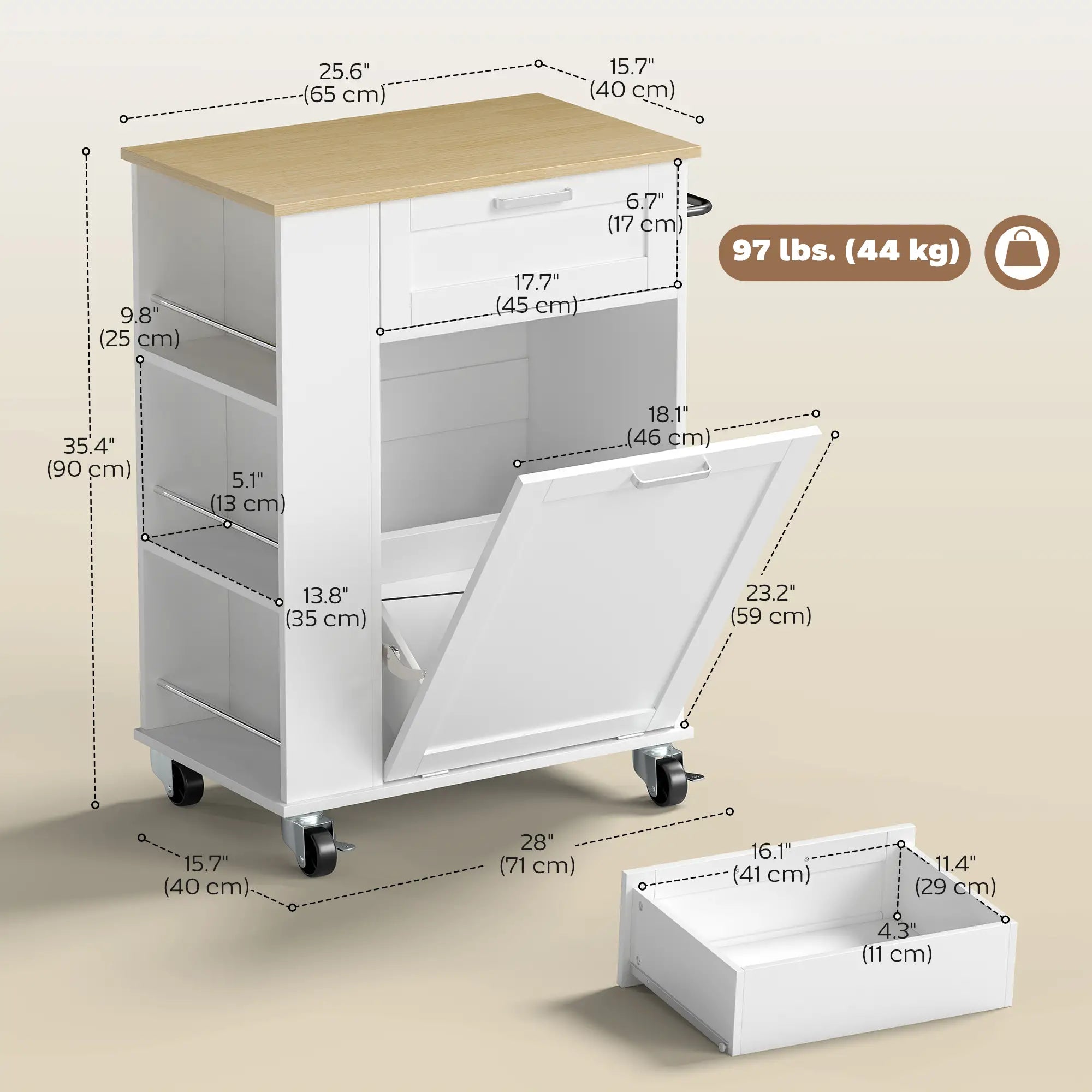 Rolling Kitchen Island with Trash Can Storage, Spice Rack, Drawer, White Kitchen Islands & Kitchen Carts at Gallery Canada