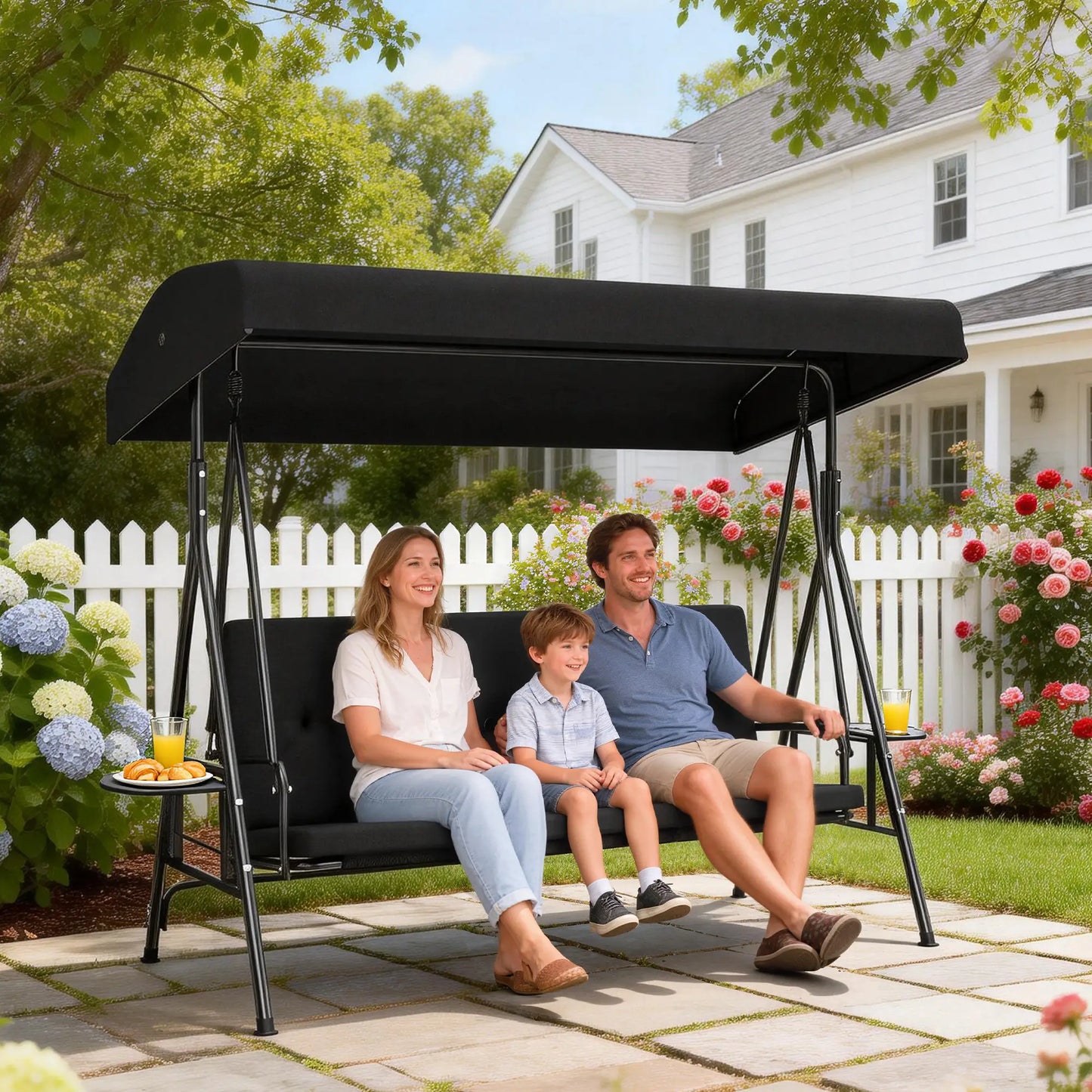 3-Seat Outdoor Swing With Adjustable Canopy, Side Tray, Black Patio Swings with Stand at Gallery Canada