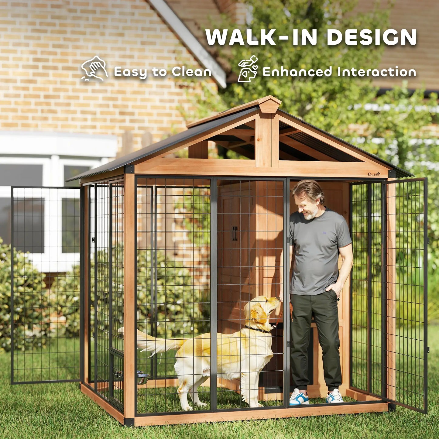 86" L Wooden Dog Kennel With Storage Cabinet, Stainless Steel Bowls, Yellow Dog Cages & Crates at Gallery Canada