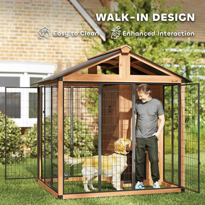 86" L Wooden Dog Kennel With Storage Cabinet, Stainless Steel Bowls, Yellow Dog Cages & Crates at Gallery Canada