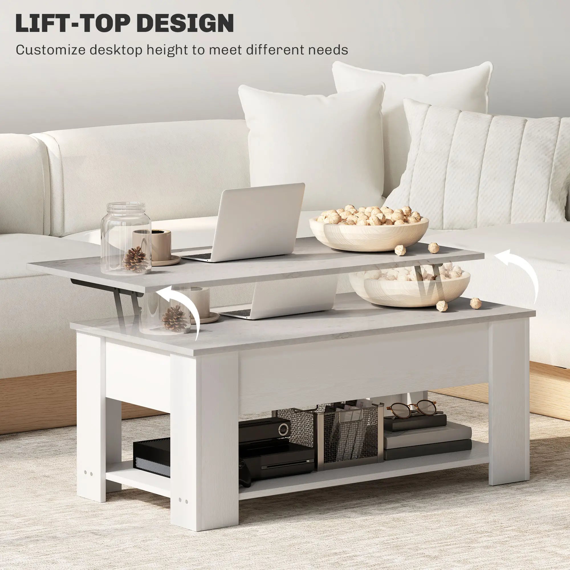 Lift Top Coffee Table, Hidden Storage, Open Shelf, White Coffee Tables at Gallery Canada