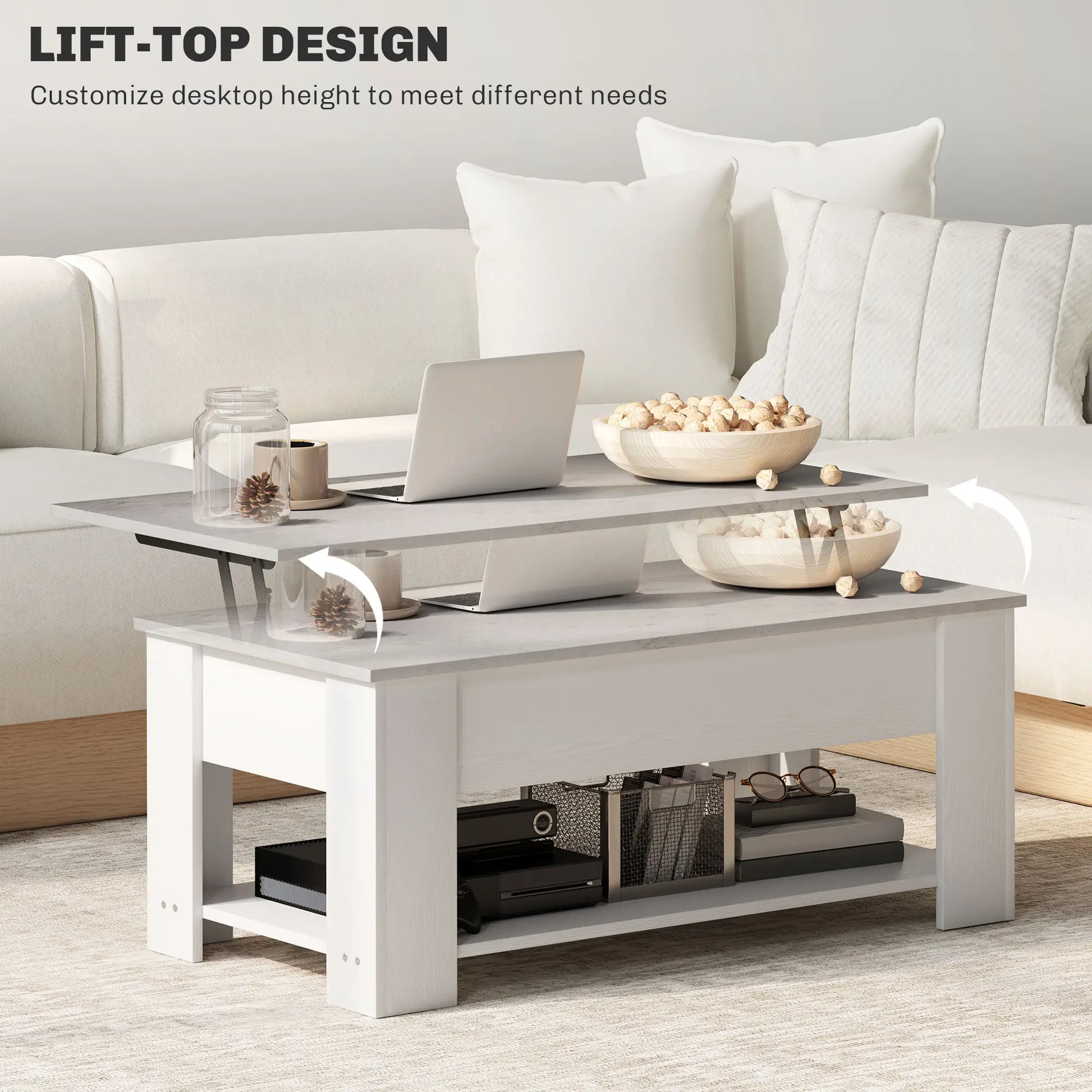 Lift Top Coffee Table, Hidden Storage, Open Shelf, White Coffee Tables at Gallery Canada