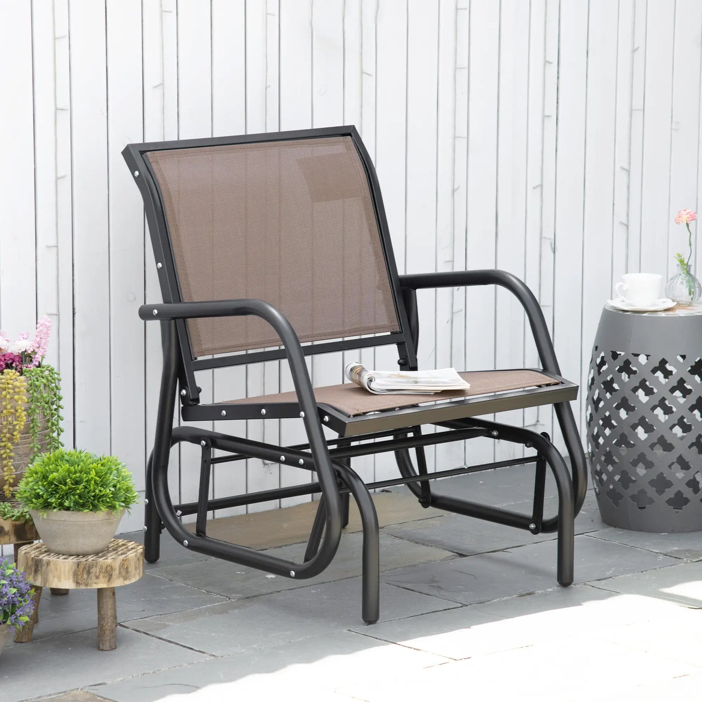 Patio Glider, Breathable Mesh Seat, Metal Frame Swing Chair, Brown Outdoor Gliders at Gallery Canada