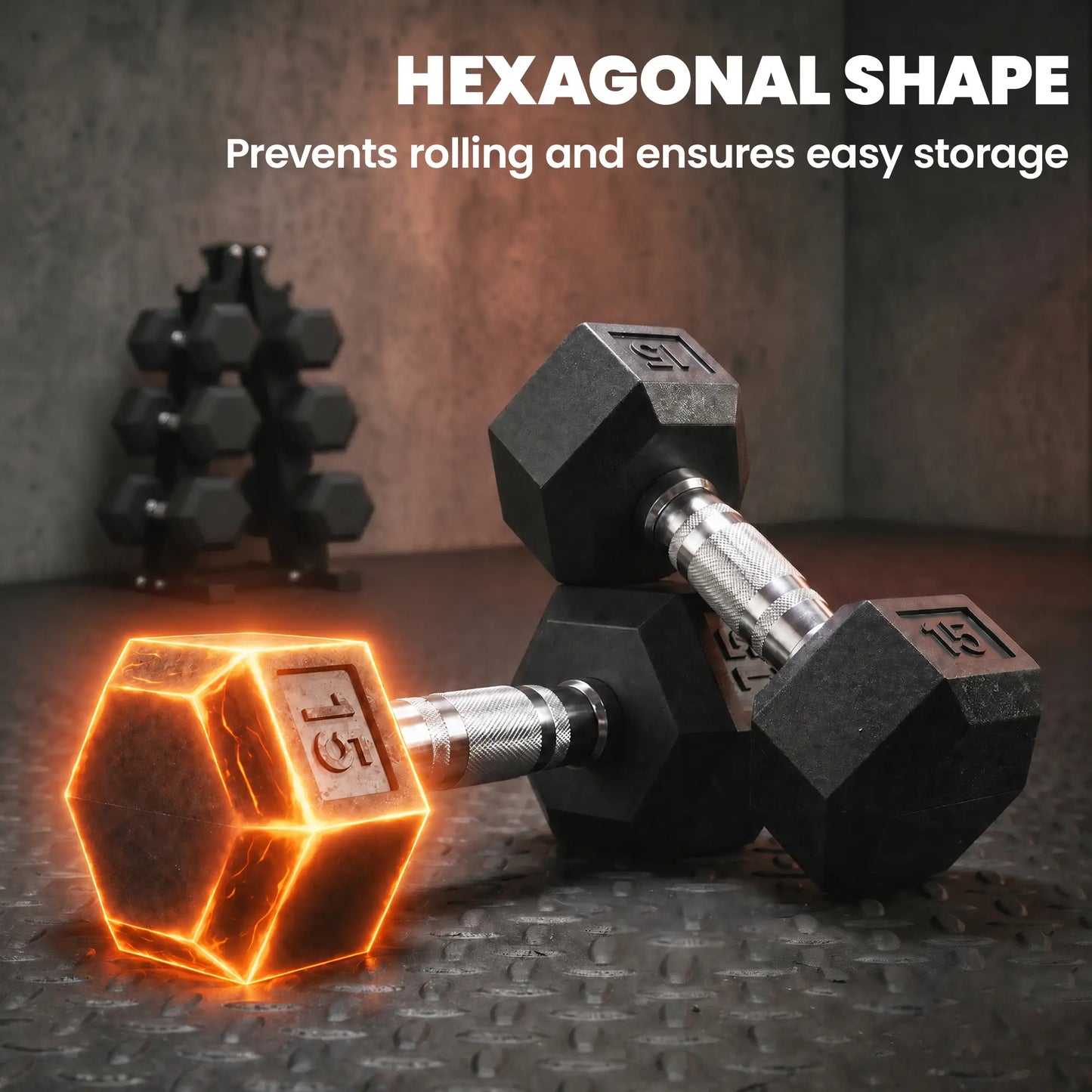 Hex Dumbbell Set With Rack, 180lbs Rubber-Coated, black