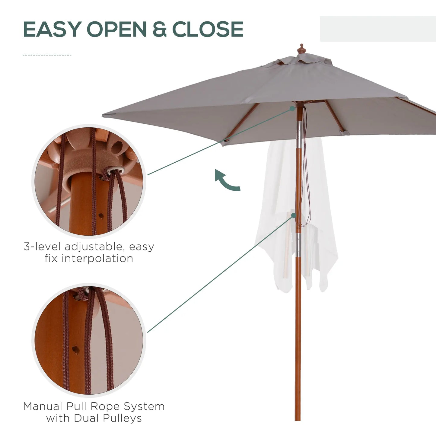 6.6 x 5ft Fir Wooden Patio Umbrella, Tilt Mechanism, 6 Ribs, Grey Sun Umbrellas at Gallery Canada
