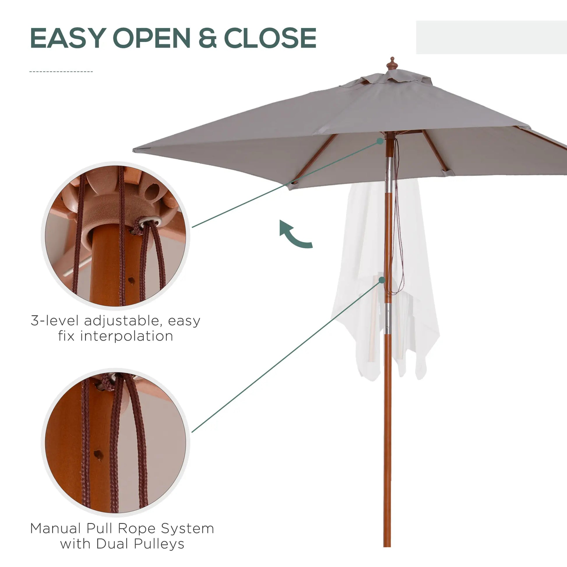 6.6 x 5ft Fir Wooden Patio Umbrella, Tilt Mechanism, 6 Ribs, Grey Sun Umbrellas at Gallery Canada