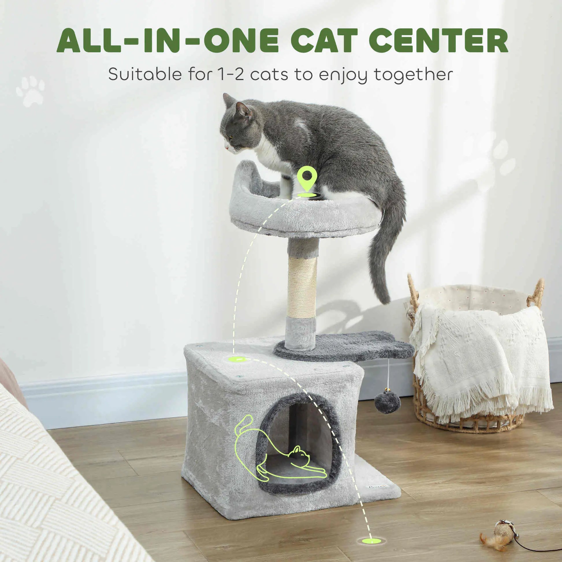 28" Cat Tree Tower with Plush Bed, Condo, Sisal Post, Perch, Ball, Light Grey Cat Posts at Gallery Canada