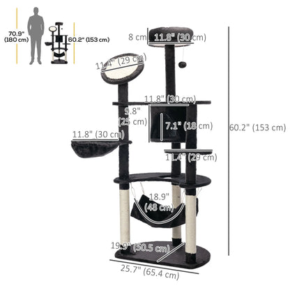 60" Multi-Level Plush Cat Tree, Scratching Posts, 2 Hammocks, Dark Grey Cat Trees at Gallery Canada