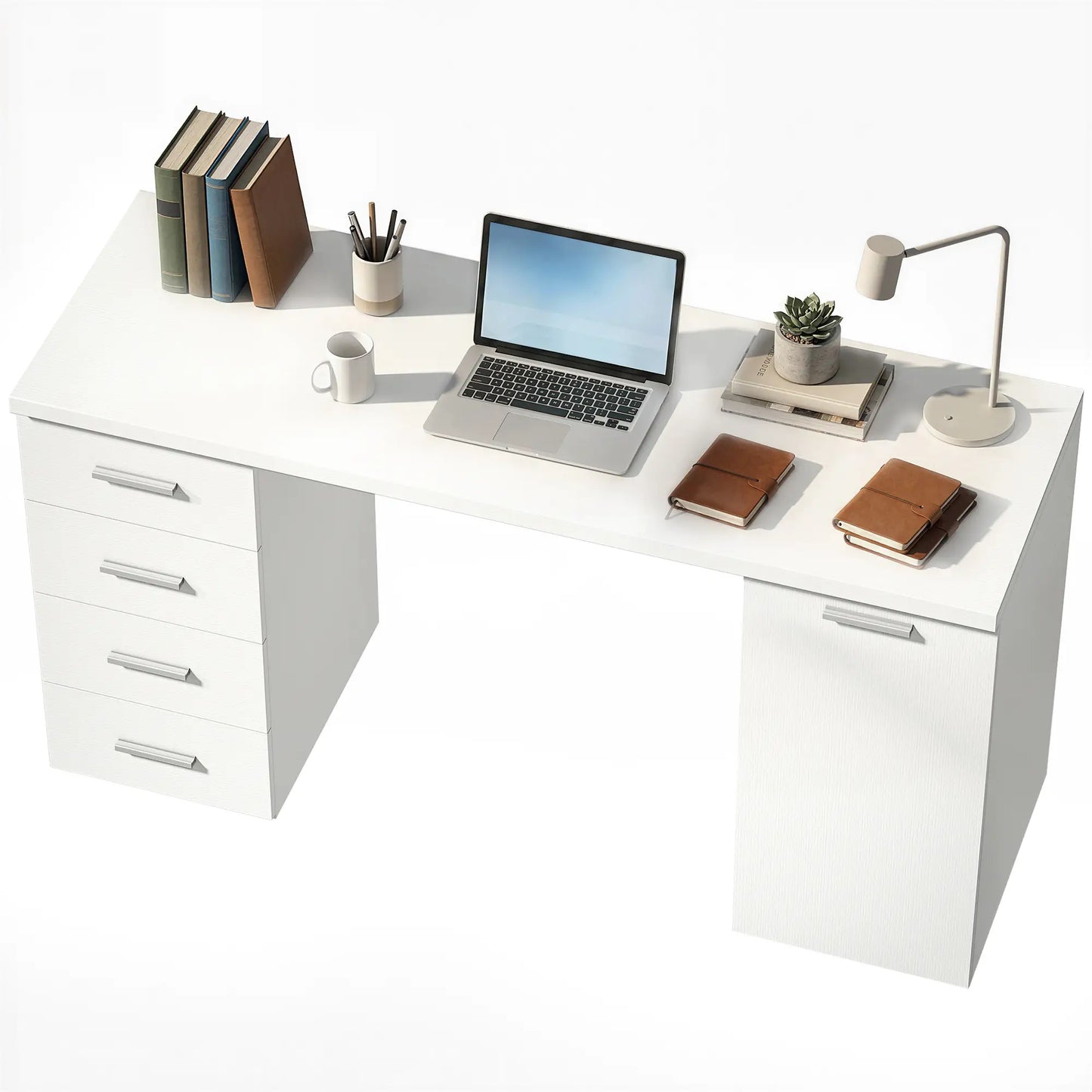 140 cm Computer Desk, Adjustable Shelf, Drawers, Cabinet, White Wood Grain, White Computer Desks White Wood Grain at Gallery Canada