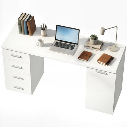 140 cm Computer Desk, Adjustable Shelf, Drawers, Cabinet, White Wood Grain, White Computer Desks White Wood Grain at Gallery Canada