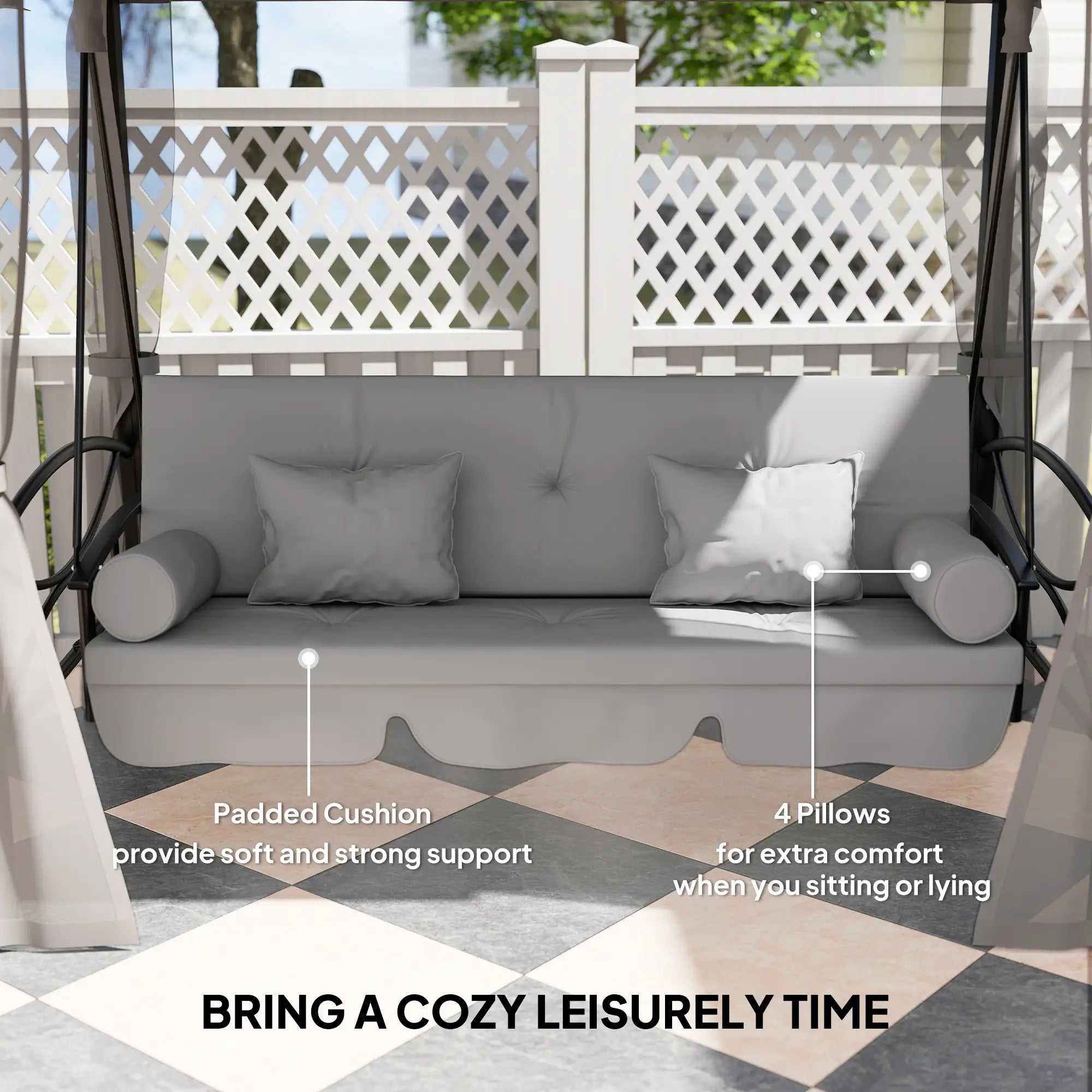 3 Person Outdoor Daybed, Canopy Gazebo Swing Chair, Grey Patio Swings with Stand at Gallery Canada