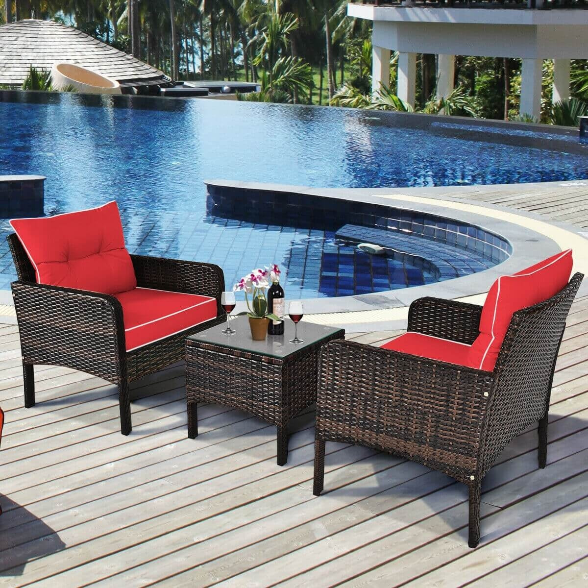 3 Pcs Outdoor Patio Rattan Conversation Set with Seat Cushions, Red Patio Conversation Sets at Gallery Canada