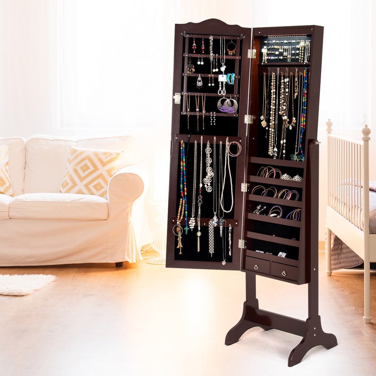 Mirrored Jewelry Cabinet Storage With Drawer And Led Lights , Coffee at Gallery Canada