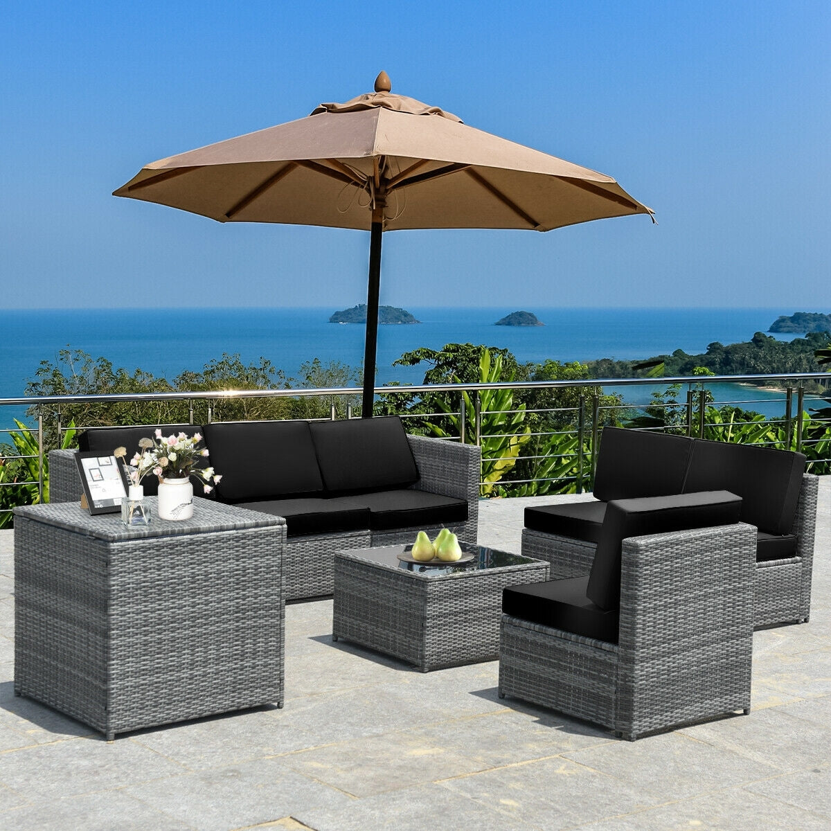 8 Piece Wicker Rattan Dining Set, With Storage Table, Black Outdoor Sectionals at Gallery Canada
