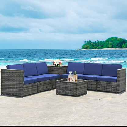 8 Piece Wicker Rattan Sofa Dining Set, With Storage Table, Navy Outdoor Sectionals at Gallery Canada