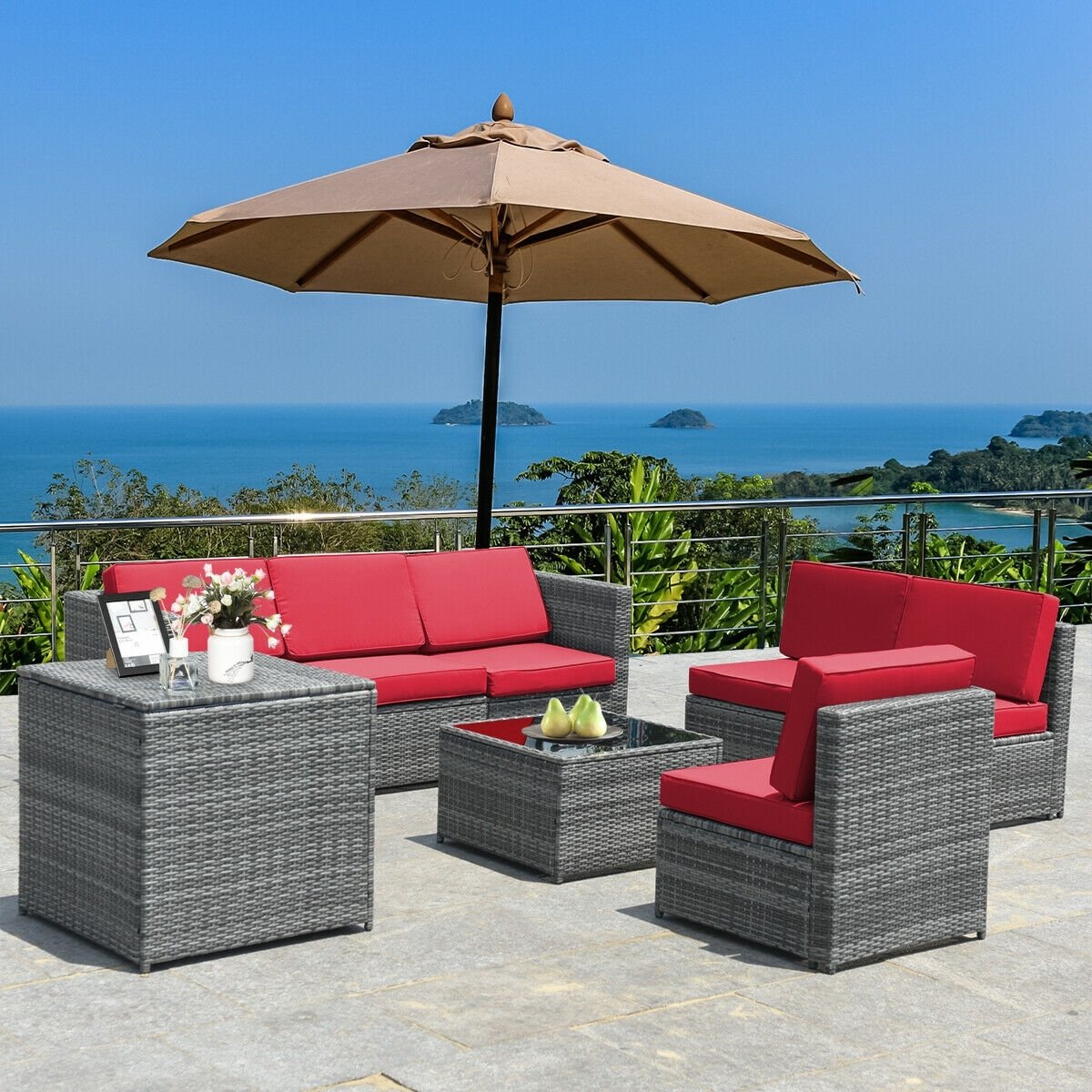 8 Piece Wicker Sofa Rattan Dinning Set Patio Furniture with Storage Table, Red Outdoor Sectionals at Gallery Canada