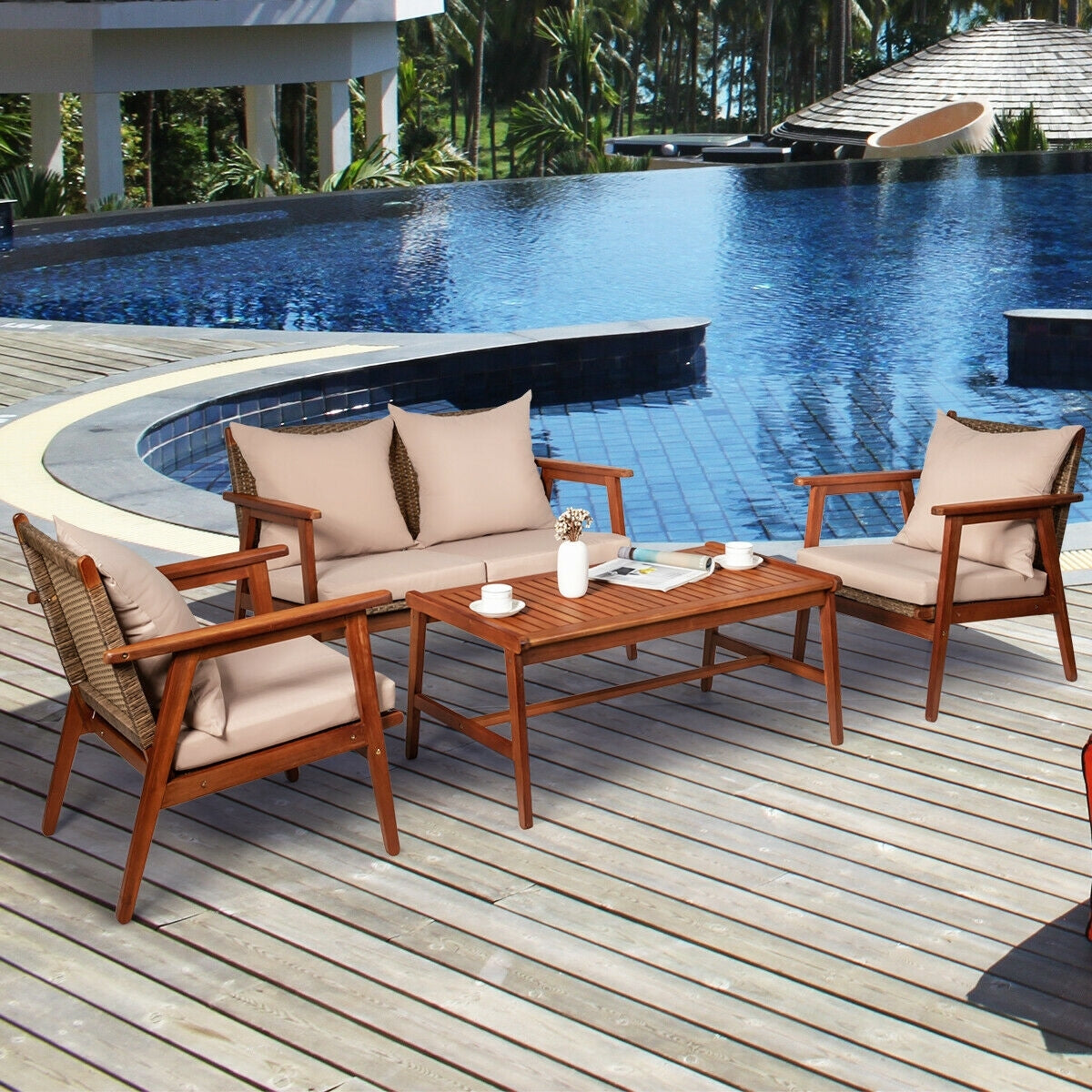 4 Pieces Acacia Wood Patio Rattan Furniture Set, Brown Patio Conversation Sets at Gallery Canada
