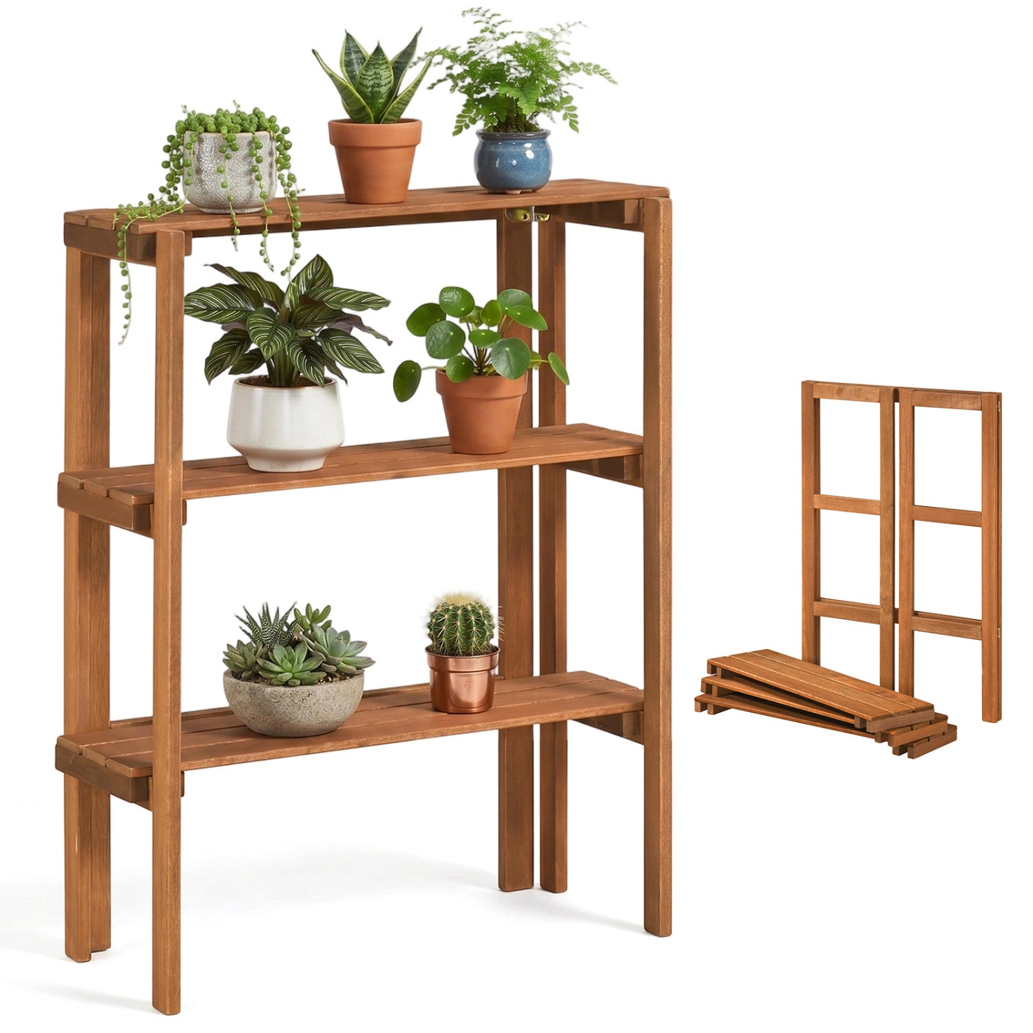 2/3-Tier Folding Wooden Storage Shelves for Entryway and Garden-3-Tier Plant Stands at Gallery Canada