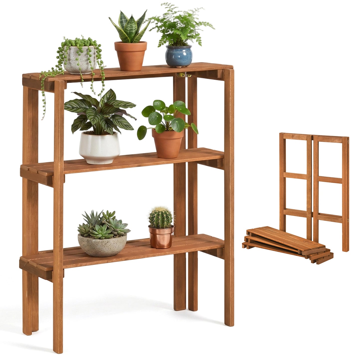 2/3-Tier Folding Wooden Storage Shelves for Entryway and Garden-3-Tier Plant Stands at Gallery Canada