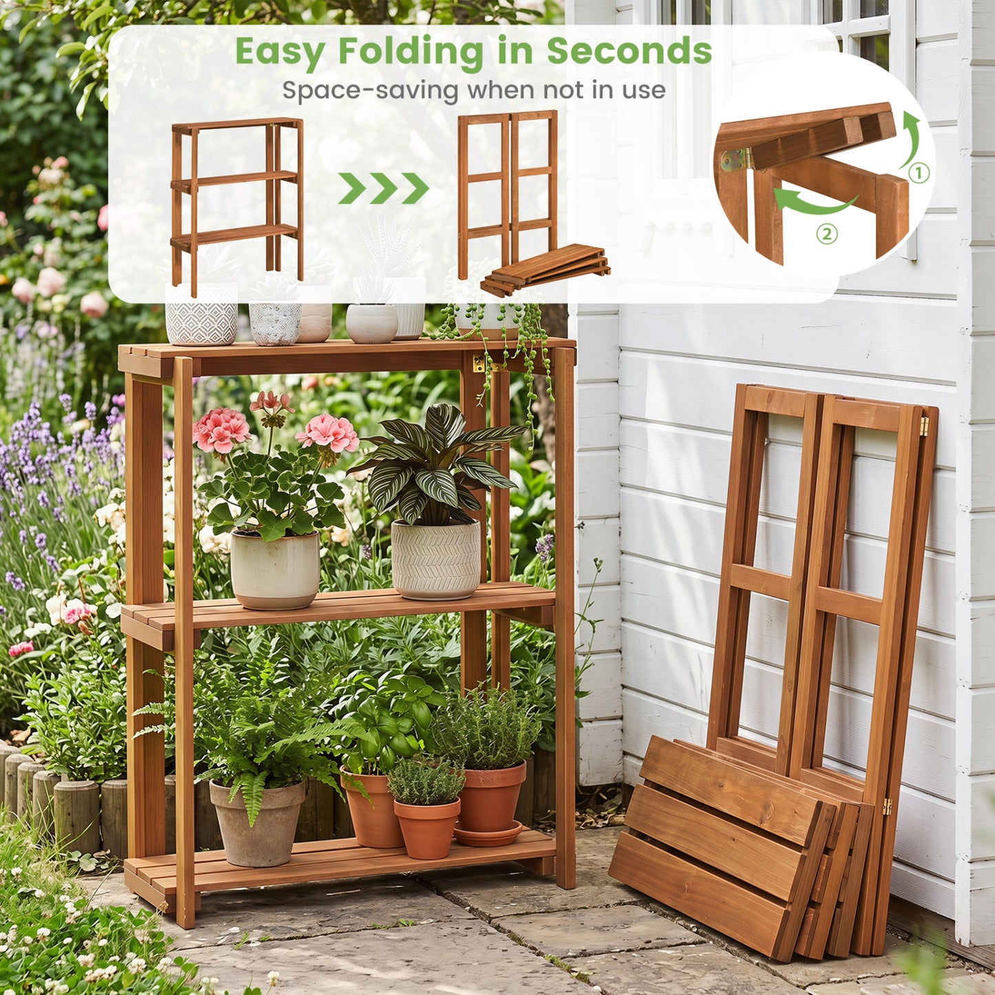2/3-Tier Folding Wooden Storage Shelves for Entryway and Garden-3-Tier Plant Stands at Gallery Canada