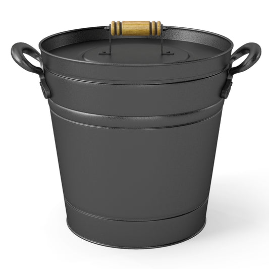 2.9 Gallon Metal Coal Ash Can with Wooden Lid and Side Grips for Fireplace Fire Pits