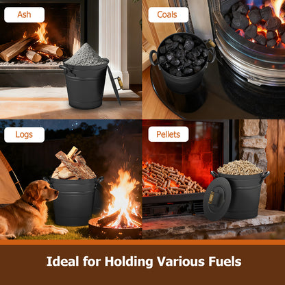 2.9 Gallon Metal Coal Ash Can with Wooden Lid and Side Grips for Fireplace Fire Pits