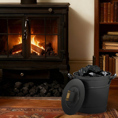 2.9 Gallon Metal Coal Ash Can with Wooden Lid and Side Grips for Fireplace Fire Pits