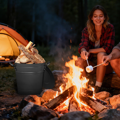 2.9 Gallon Metal Coal Ash Can with Wooden Lid and Side Grips for Fireplace Fire Pits