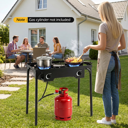 2 Burner Propane Stove, 160000 BTU, Adjustable Regulator & Hose, Black