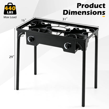2 Burner Propane Stove, 160000 BTU, Adjustable Regulator & Hose, Black