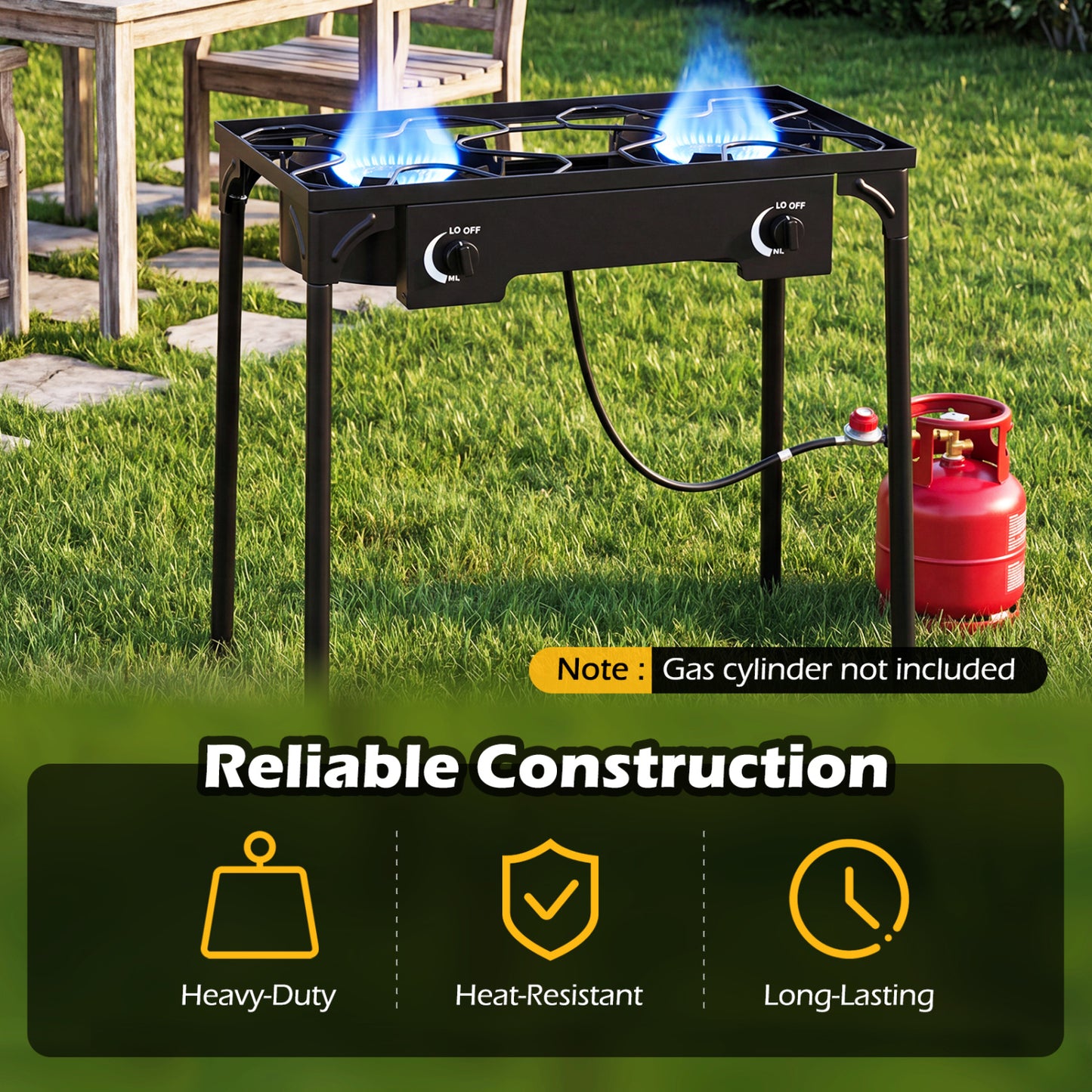 2 Burner Propane Stove, 160000 BTU, Adjustable Regulator & Hose, Black
