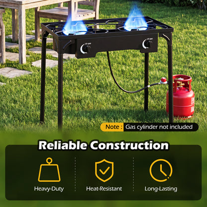 2 Burner Propane Stove, 160000 BTU, Adjustable Regulator & Hose, Black