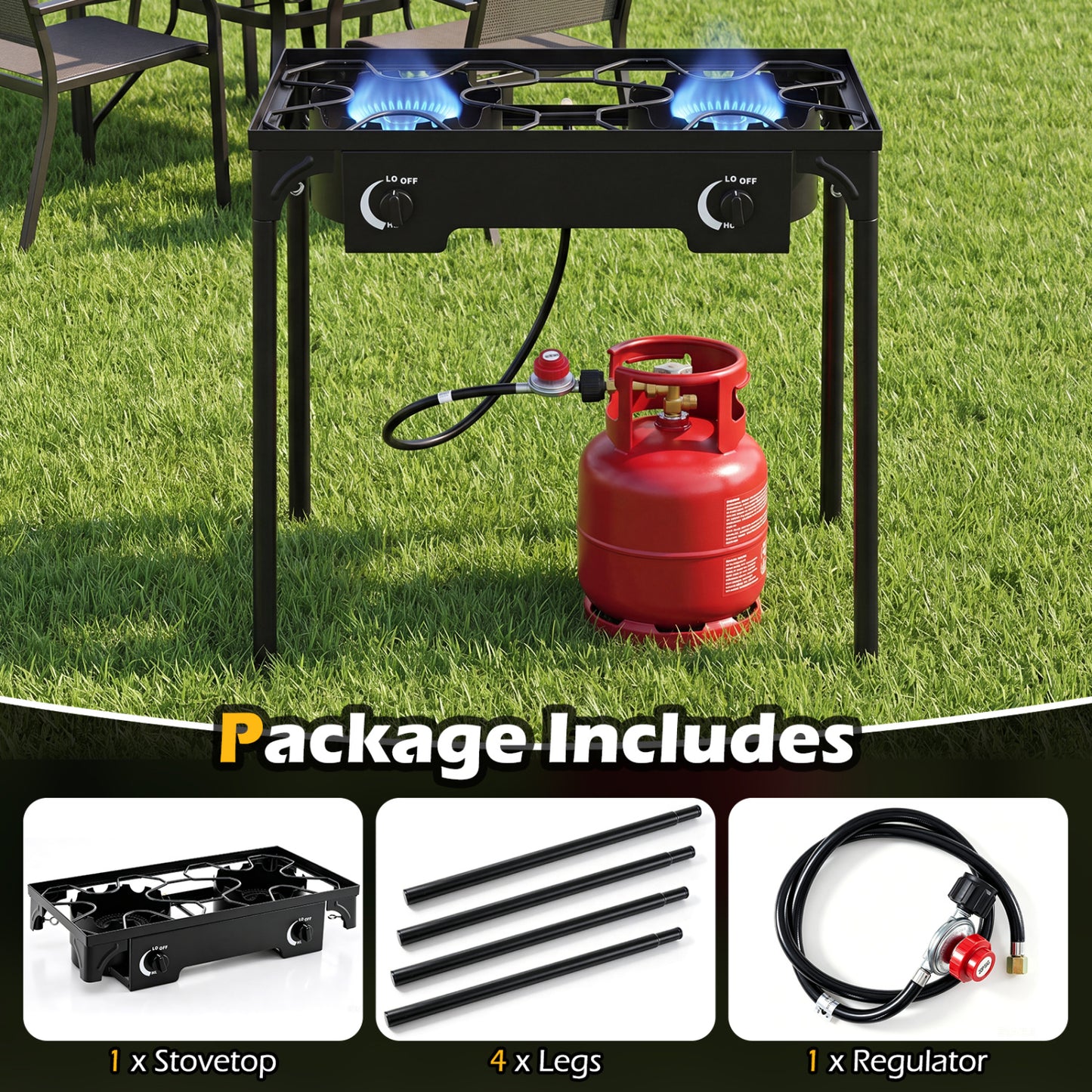 2 Burner Propane Stove, 160000 BTU, Adjustable Regulator & Hose, Black
