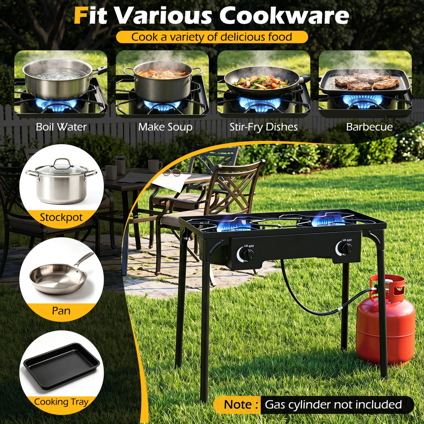 2 Burner Propane Stove, 160000 BTU, Adjustable Regulator & Hose, Black