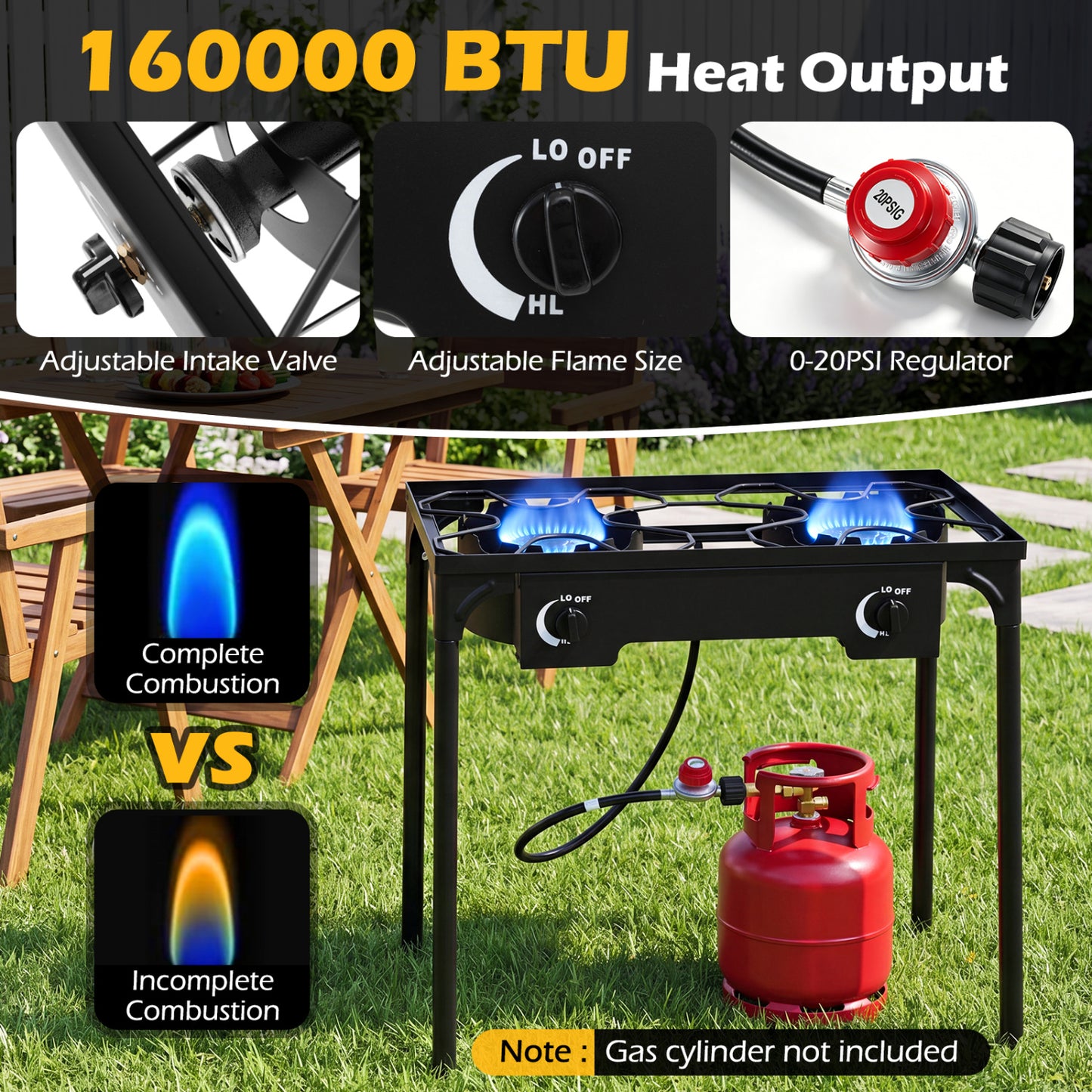 2 Burner Propane Stove, 160000 BTU, Adjustable Regulator & Hose, Black