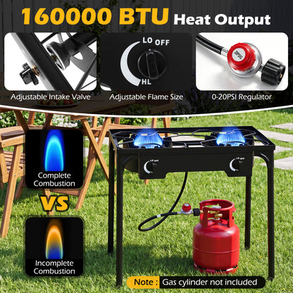2 Burner Propane Stove, 160000 BTU, Adjustable Regulator & Hose, Black
