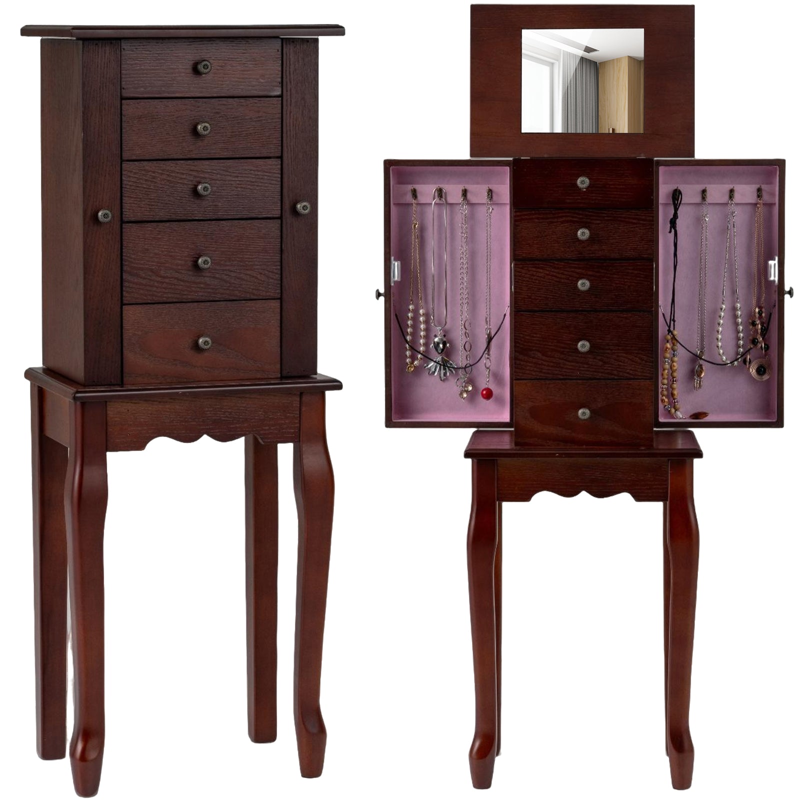 2 Colors Armoire Storage Standing Jewelry Cabinet with Mirror, Brown Jewelry Armoires at Gallery Canada