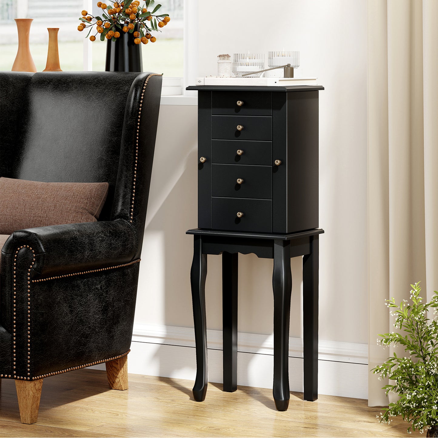 Armoire de rangement debout pour bijoux avec miroir, Noir