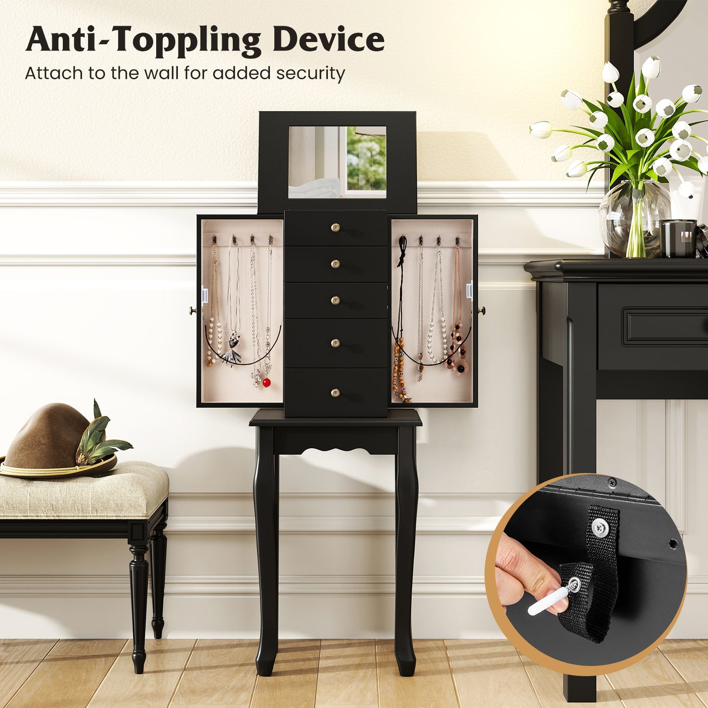 Armoire de rangement debout pour bijoux avec miroir, Noir