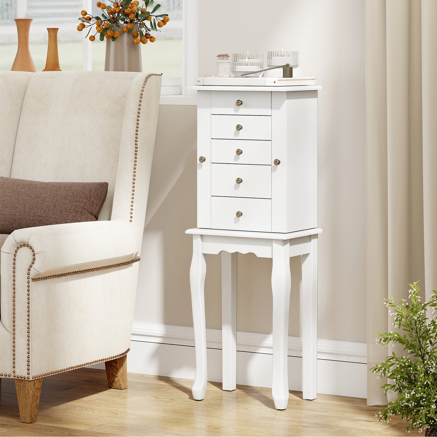 2 Colors Armoire Storage Standing Jewelry Cabinet with Mirror, White Jewelry Armoires at Gallery Canada