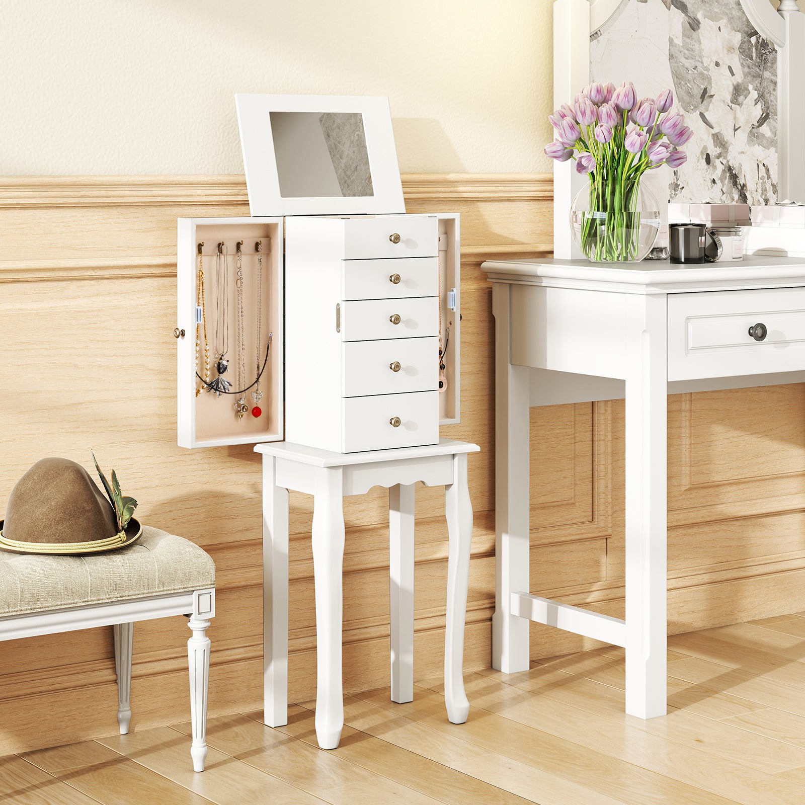 2 Colors Armoire Storage Standing Jewelry Cabinet with Mirror, White Jewelry Armoires at Gallery Canada