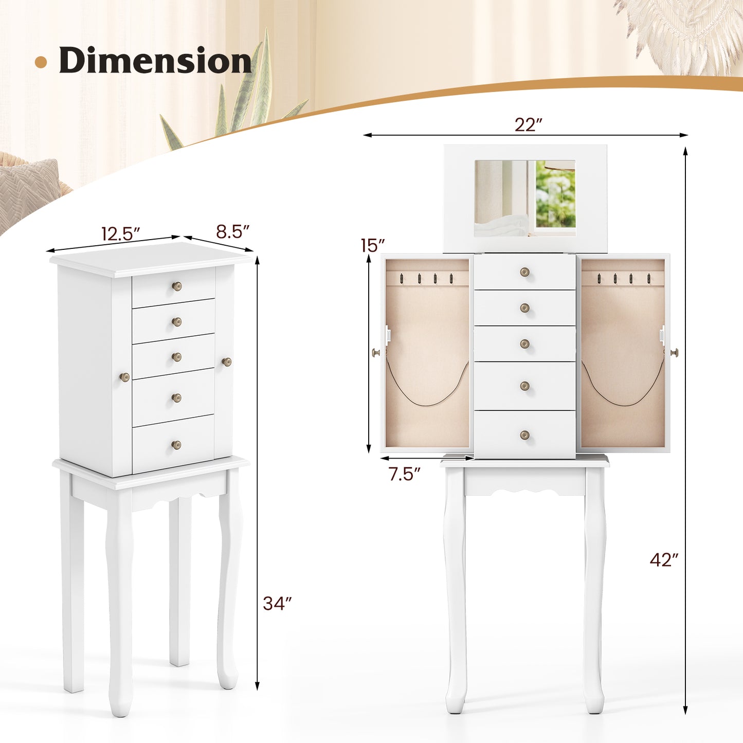 2 Colors Armoire Storage Standing Jewelry Cabinet with Mirror, White Jewelry Armoires at Gallery Canada