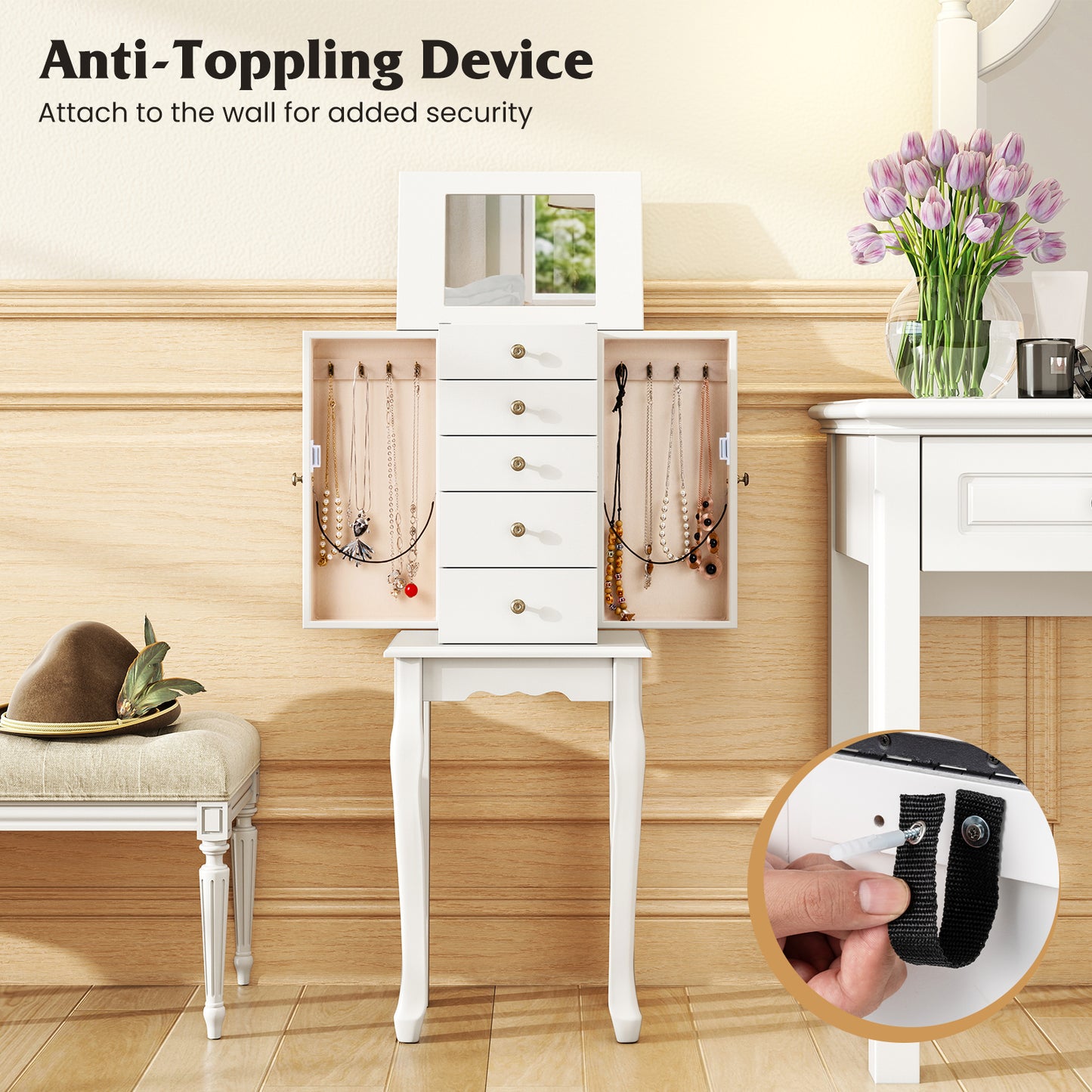2 Colors Armoire Storage Standing Jewelry Cabinet with Mirror, White Jewelry Armoires at Gallery Canada
