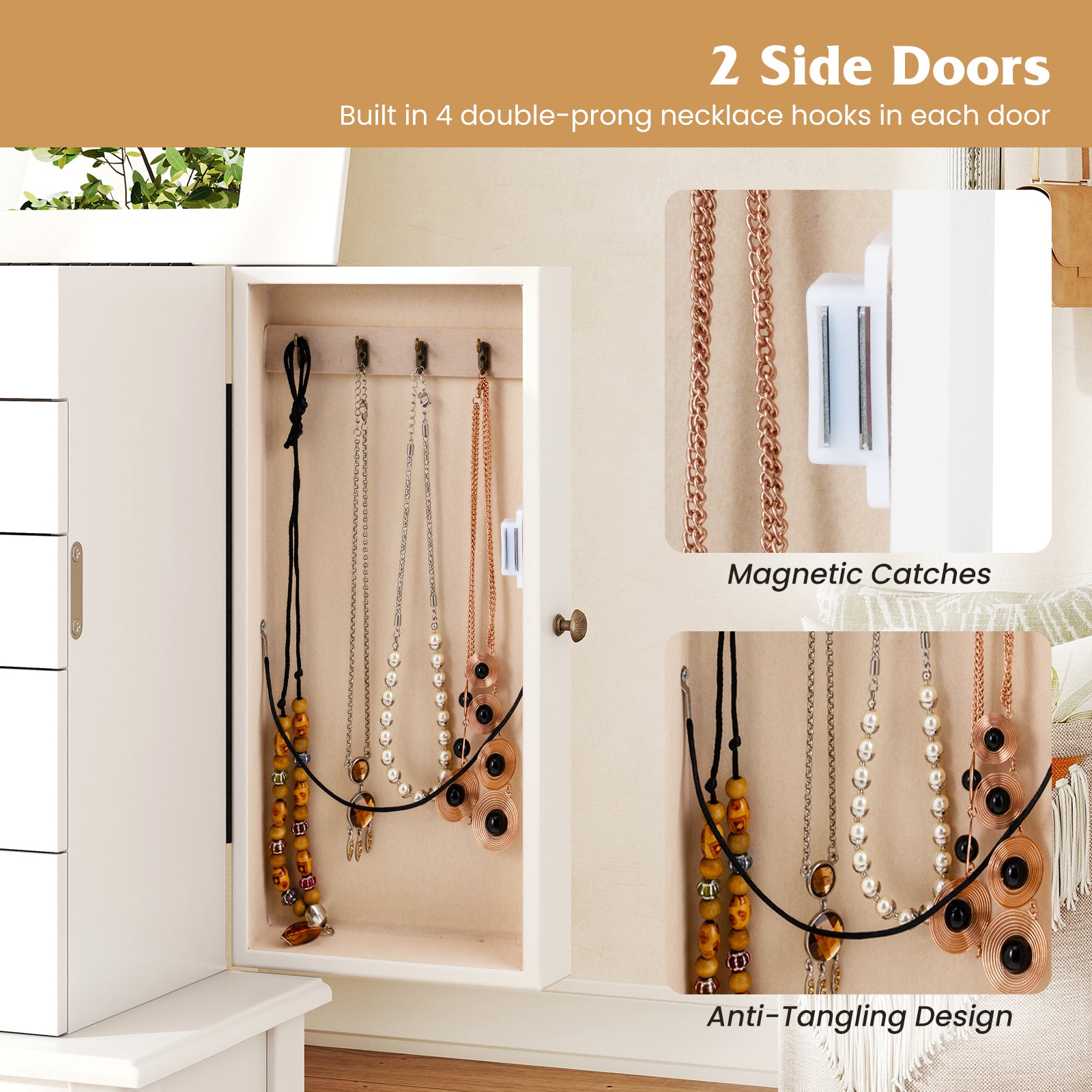 2 Colors Armoire Storage Standing Jewelry Cabinet with Mirror, White Jewelry Armoires at Gallery Canada
