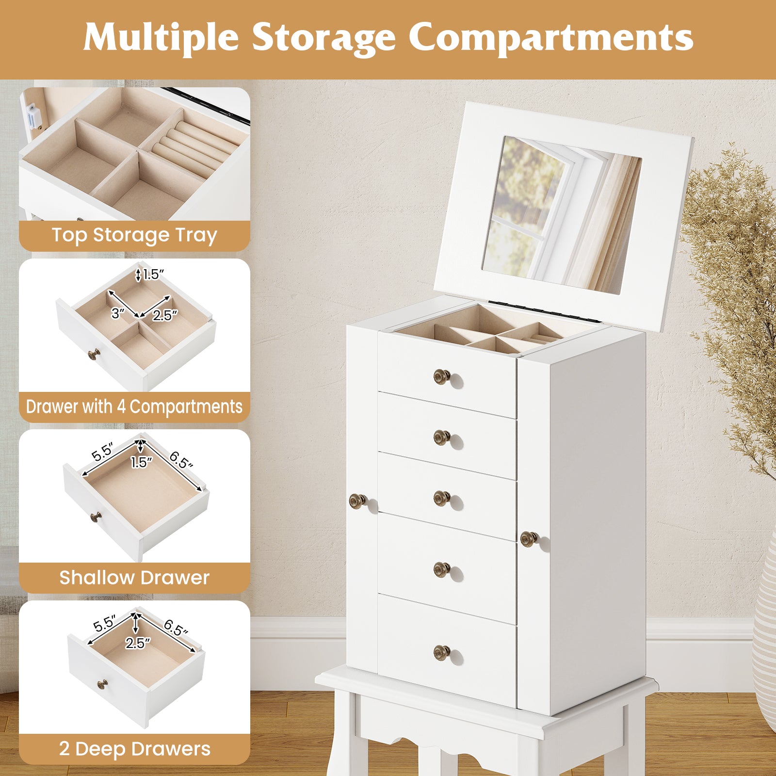 2 Colors Armoire Storage Standing Jewelry Cabinet with Mirror, White Jewelry Armoires at Gallery Canada