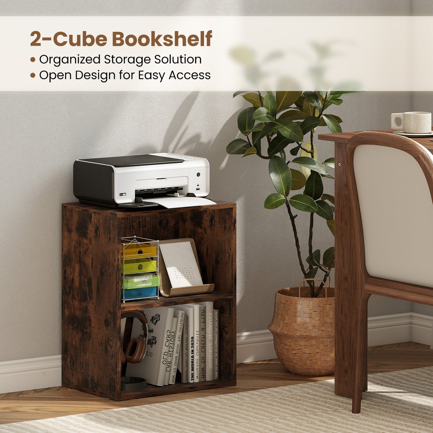 2-Cube Bookcase Floor Standing Open Bookshelf with 5-Position Adjustable Shelf, Brown Bookcases at Gallery Canada