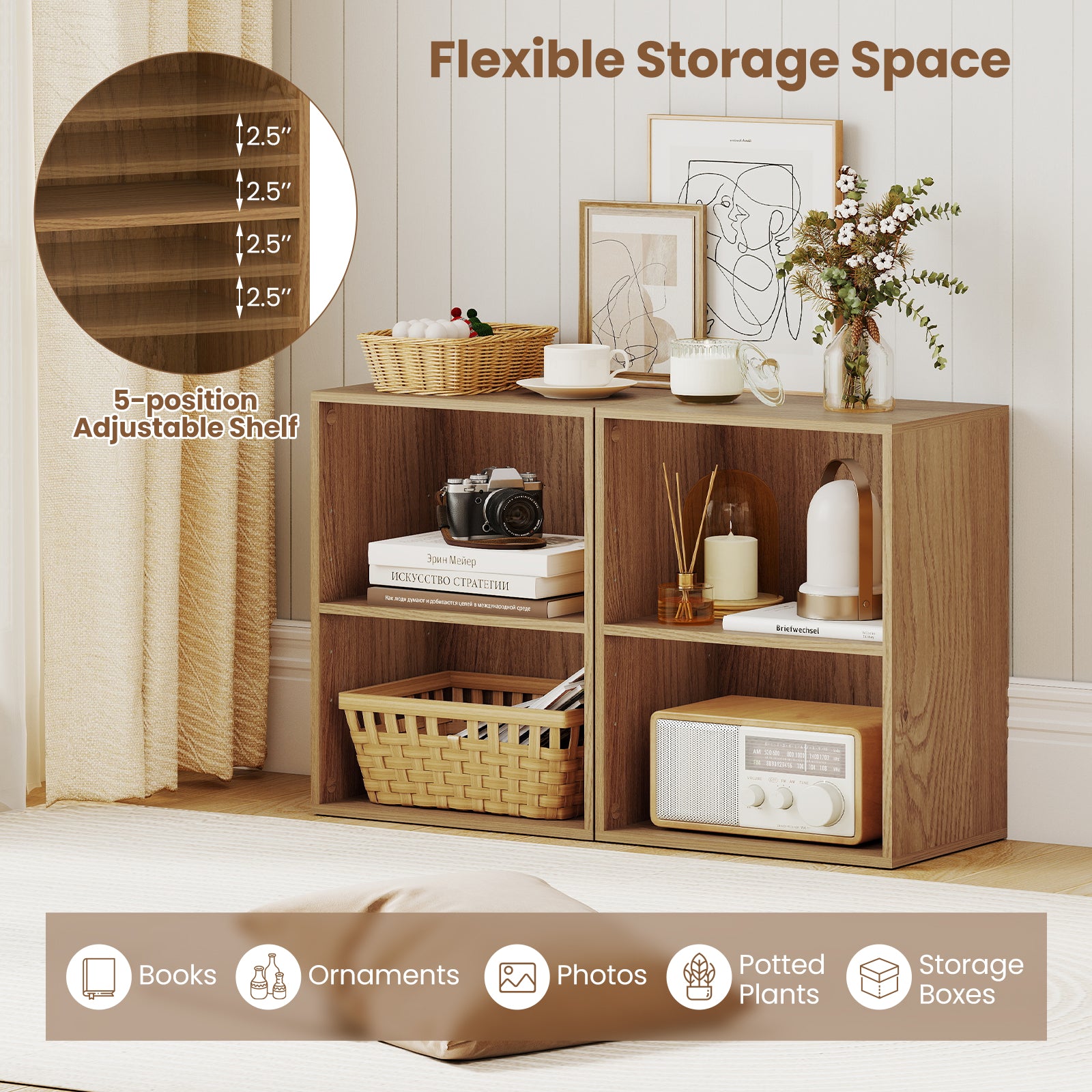 2-Cube Bookcase Floor Standing Open Bookshelf with 5-Position Adjustable Shelf, Natural Bookcases at Gallery Canada