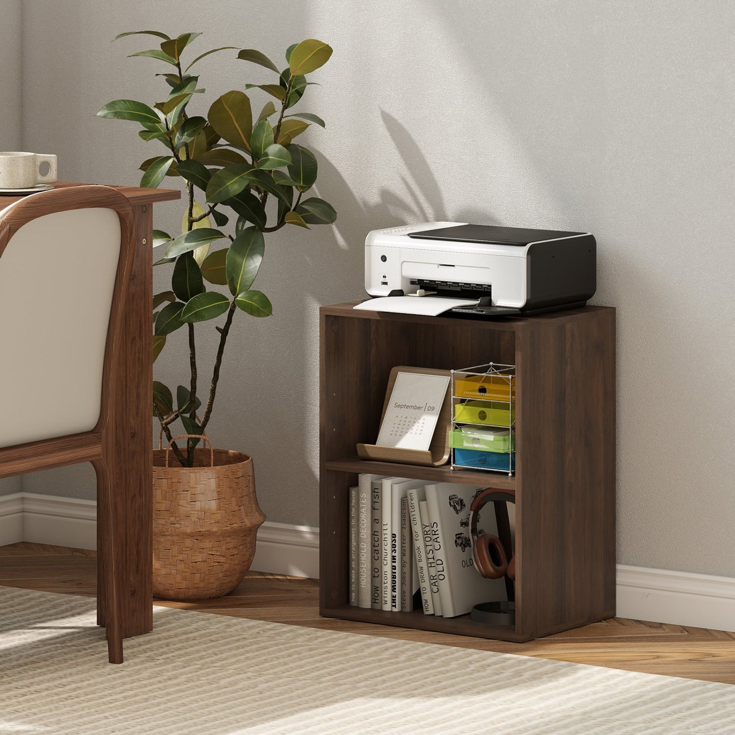 2-Cube Bookcase, 5-Position Adjustable Shelf, Dark Walnut