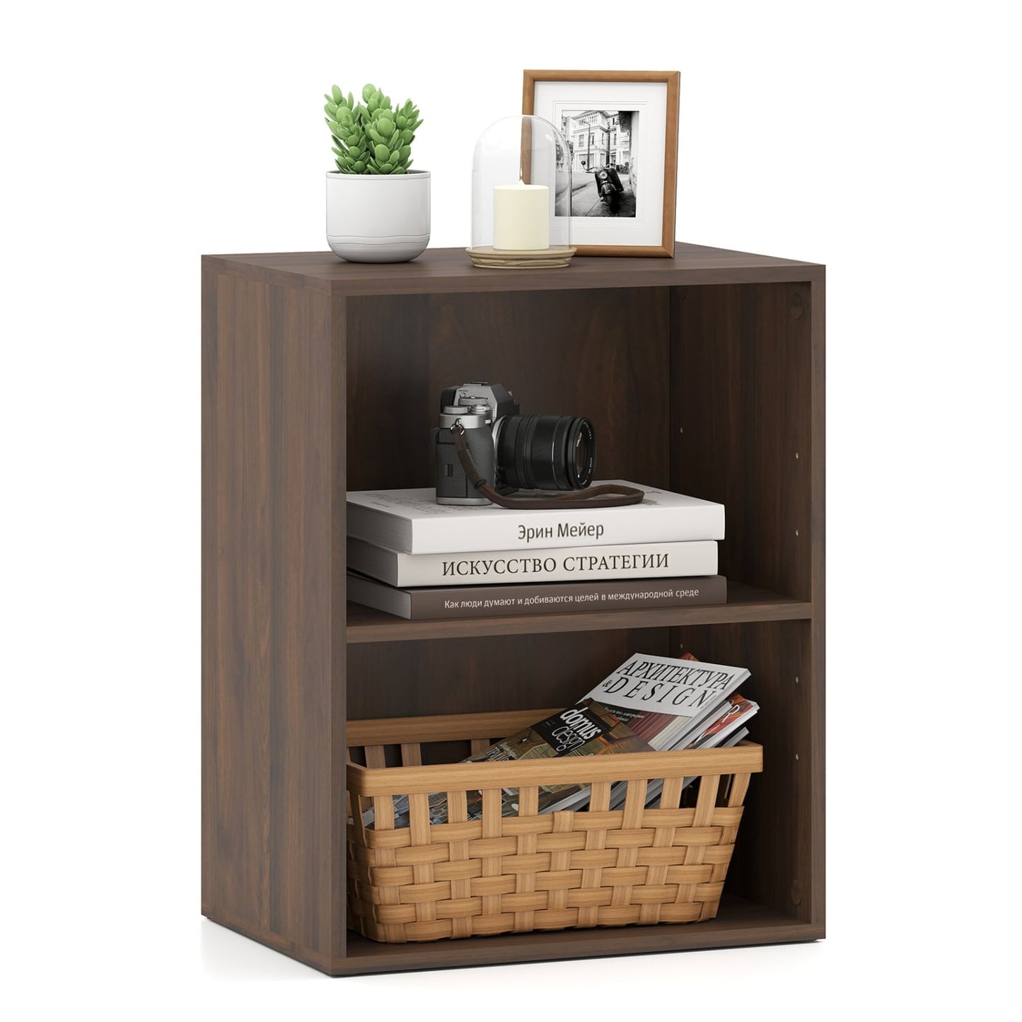 2-Cube Bookcase, 5-Position Adjustable Shelf, Dark Walnut